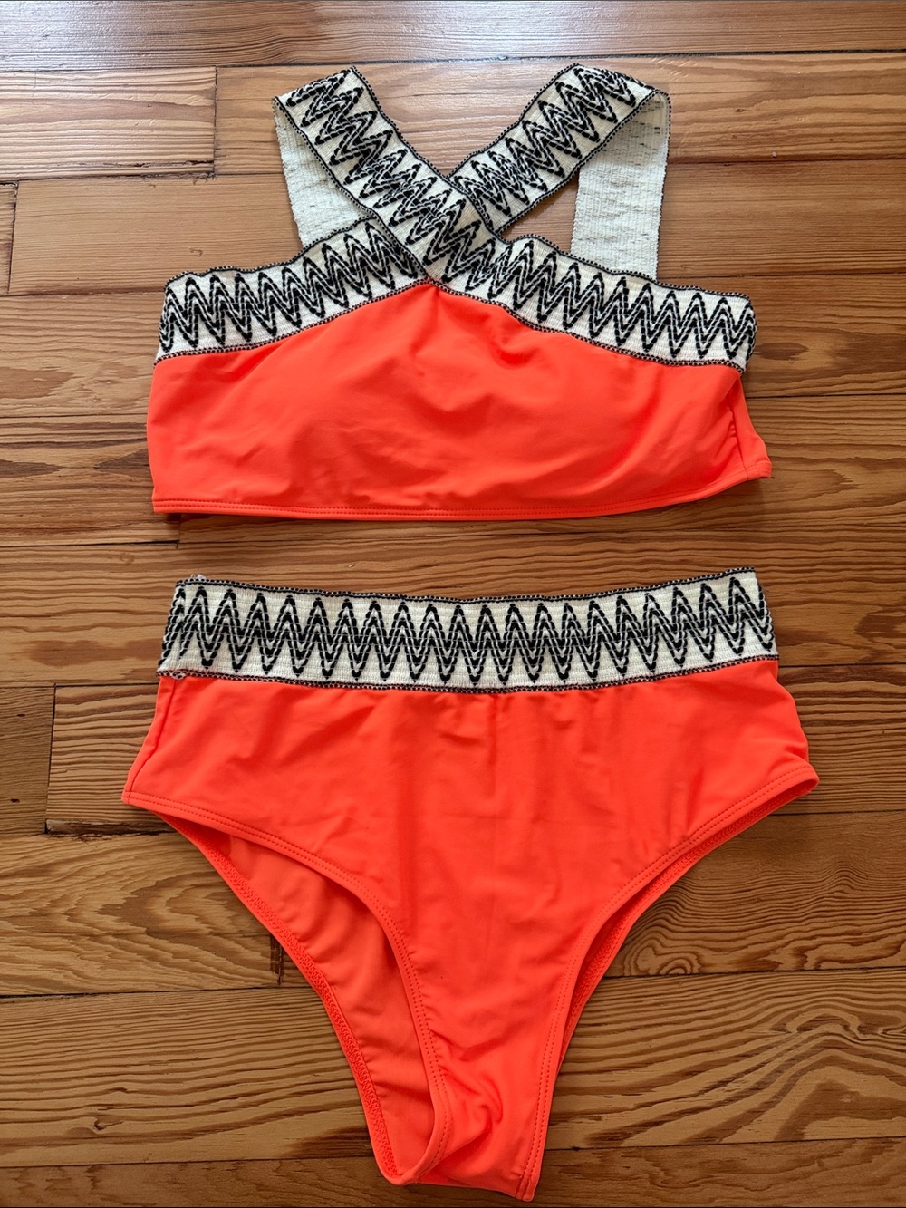 SHEIN Neon Orange Two-Piece Bikini with Zigzag Trim